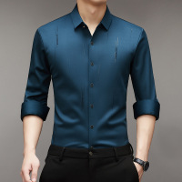 抖音同款夏季新款条纹长袖衬衫中年男士翻领薄款商务衬衣