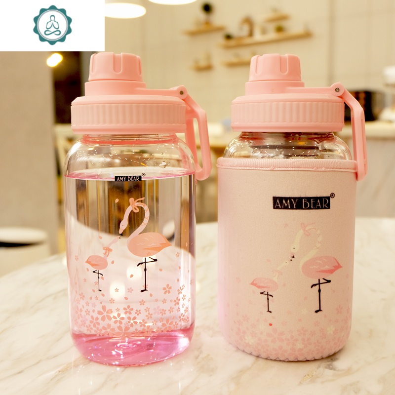 心ins吸管耐热玻璃杯子创意便携女学生随手花茶水杯 封后 600ml火烈鸟