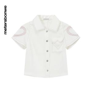 [1件3折价:69]美特斯邦威白色短袖衬衫女百搭夏季时尚心形车线女士上衣
