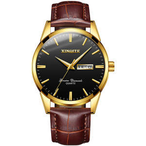 新奇特手表男款皮表男士手表时尚休闲中老年学生圆形双日历石英表男表防水X-50