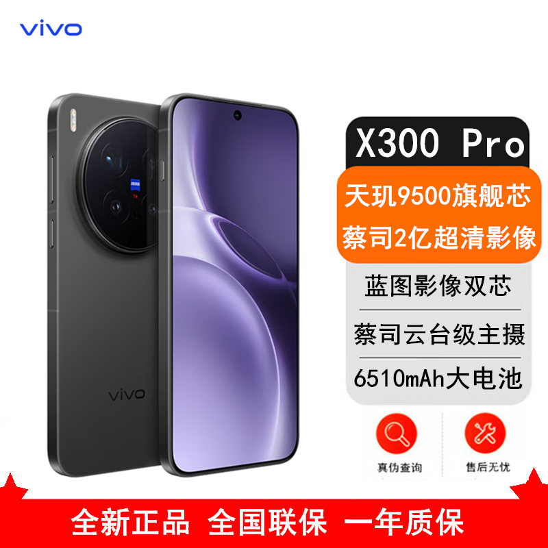 [全新]vivo X300 Pro 纯粹黑 16GB+512GB 蓝晶×天玑9500芯 大电池 90W快充 支持无线充电 蔡司超级潜望长焦 拍照 AI手机