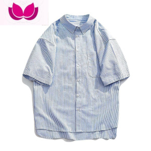 七斓日系条纹衬衫男生夏季宽松薄款外套CityBoy潮牌休闲短袖衬衣男女c