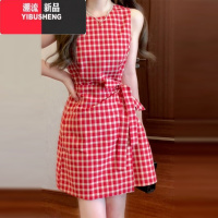 YIBUSHENG法式红色格子无袖背心连衣裙女季2024新款显瘦气质海边度假短裙