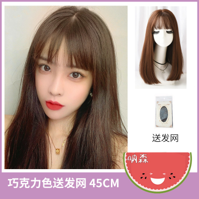 假发女长发自然全头套逼真长直发自然空气刘海洛滑新式发套网红中长发巧克力色（45cm）