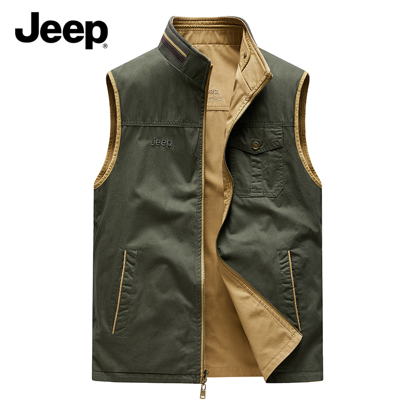 JEEP吉普双面穿马甲男士春秋款2025新款中年宽松立领工装马夹外套