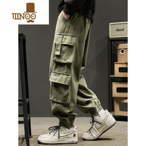 YANXU工装裤男美式潮牌宽松痞帅多口袋军绿色束脚裤秋季潮流复古伞兵裤