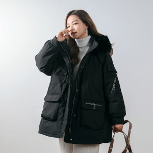 新款纯色简约羽绒服女抽绳宽松加厚韩版大毛领外套派克服