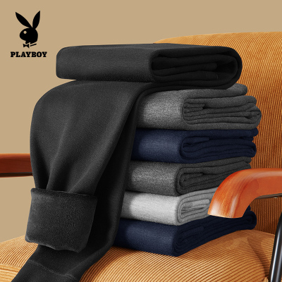 花花公子男士保暖裤加绒厚款防风御寒德绒收口修身男秋冬季打底裤