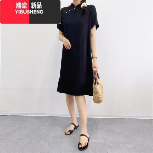 YIBUSHENG韩版棉绸连衣裙女季宽松显瘦黑色短袖长裙立领套头纯色修身旗袍