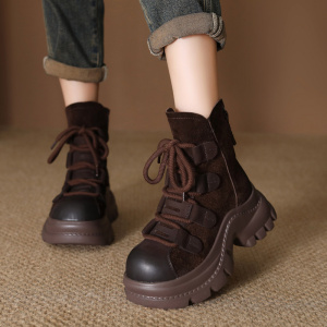头层牛皮秋冬新款工装靴女防滑耐磨真皮厚底马丁复古休闲短靴