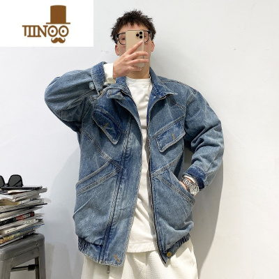 YANXU水洗做旧牛仔夹克男美式街头复古潮牌宽松休闲多口袋重工男女外套