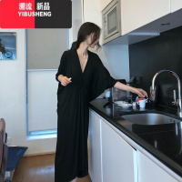 YIBUSHENG莫代尔连衣裙女春季新款性感v领气质宽松慵懒风黑色中长款裙子