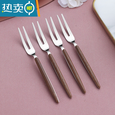 敬平北欧304不锈钢水果叉套装甜品勺子 家用水果签果插儿童可爱小叉子 胡桃木叉4支装