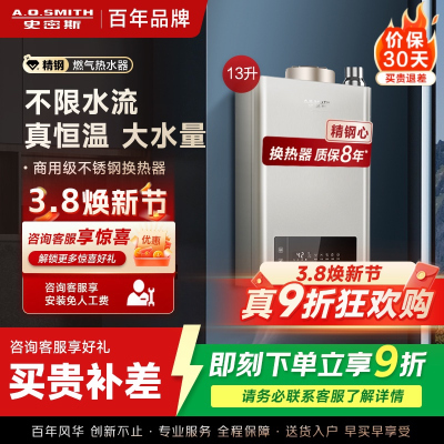 AO史密斯 13升燃气热水器 不锈钢换热器8年包换 负压燃烧更安全 精控恒温 家用5系列