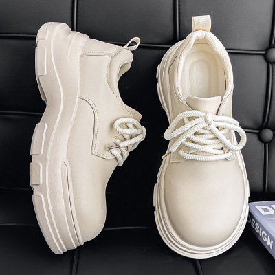 情侣秋季新纯色圆头低帮日常通勤休闲皮鞋厚底透气亮面英伦风皮鞋