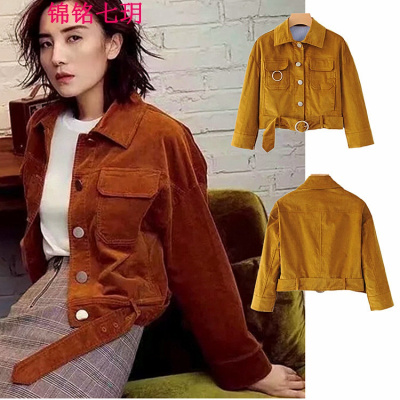 锦铭七玥女装方领口袋金属环下摆腰带系带短款灯芯绒女士夹克外套