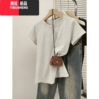 YIBUSHENG纯色正肩短袖t恤女季大码胖mm短款修身显瘦白灰色打底上衣