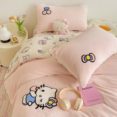 A类加厚牛奶绒四件套卡通高克重防静电加绒被套轻奢风秋冬保暖