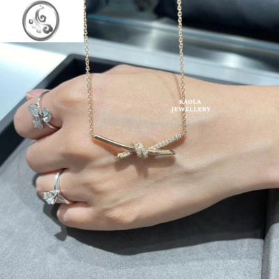 JiMi金Knot绳结项链 女轻奢小众玫瑰金蝴蝶结锁骨链银银钻石微笑潮