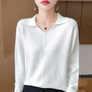 春秋装翻领Polo针织打底衫年新款时尚纯色薄款长袖毛衣女