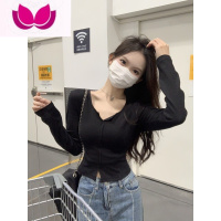 七斓纯欲开叉设计感粉色短款T恤春季新款时尚洋气辣妹长袖打底上衣女