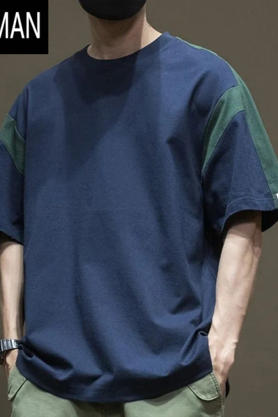 HLCOMAN拼接撞色时尚休闲短袖t恤男士夏装大码宽松青少年潮流百搭上衣服