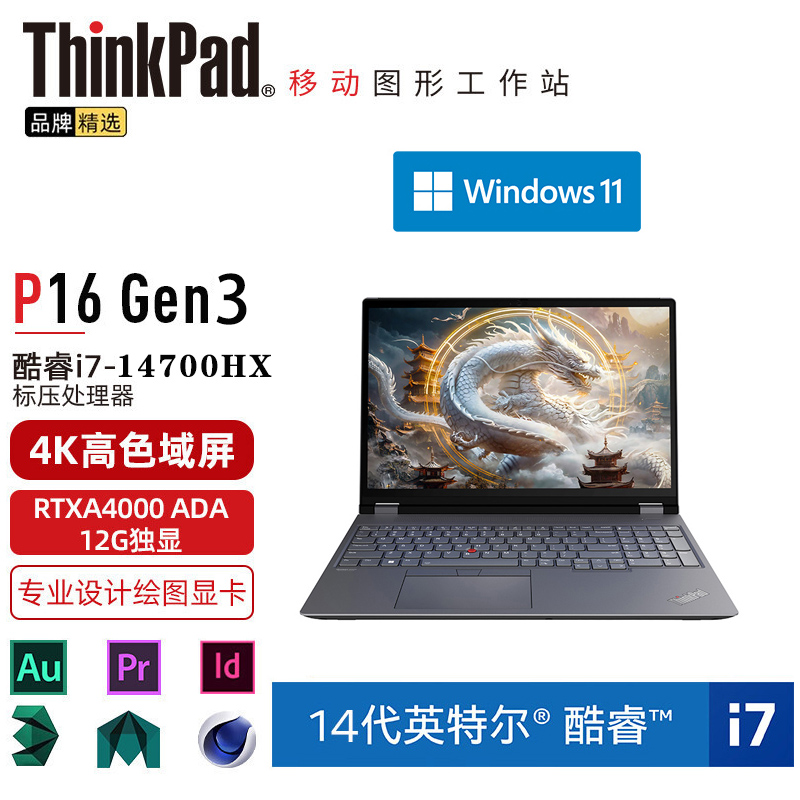 联想笔记本电脑ThinkPad P16 (4DCD) 英特尔酷睿 16英寸高性能轻薄设计师工作站 i7-14700HX 32G 2TB RTXA4000专 12G 4K超清 定制