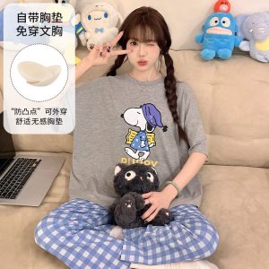 女睡衣夏季新款带胸垫圆领短袖长裤学生卡通可爱家居服外穿