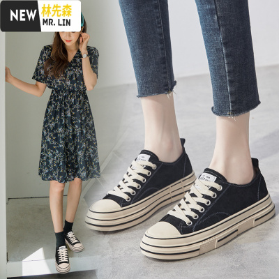 林先森小白鞋女2021年春季新款百搭厚底春秋女鞋帆布鞋皮板鞋子帆布鞋