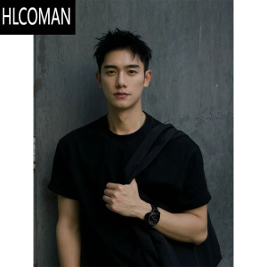HLCOMAN黑色高品质男士t恤正肩短袖夏季2025新款弹力修身上衣内搭打底衫
