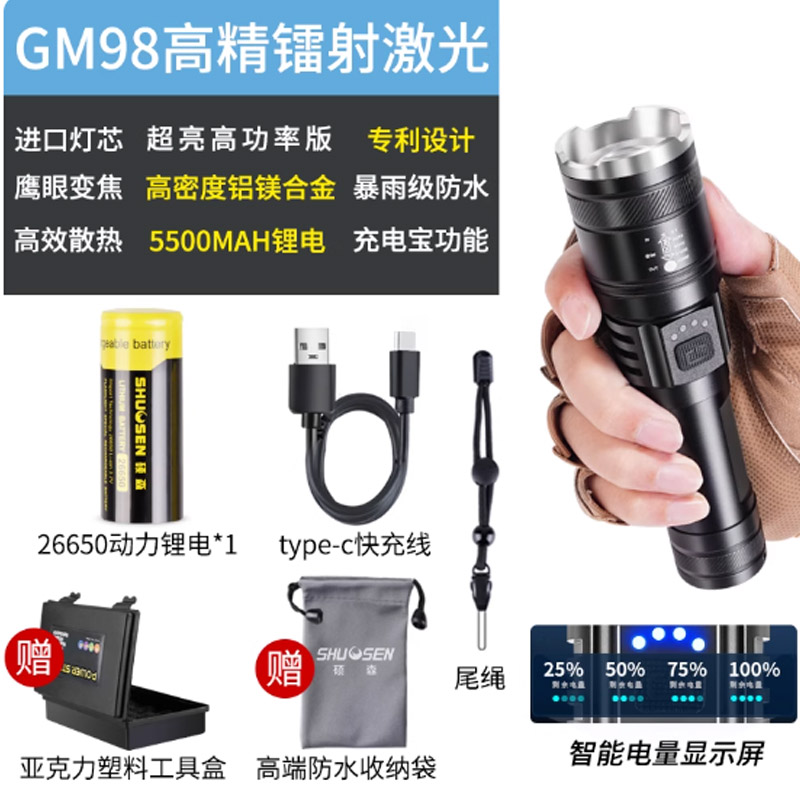 硕森超亮手电筒GM98一电-智能电显-可充手机-速变焦-type-c快充