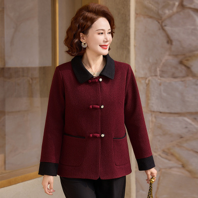 新款春秋妈妈装呢子外套短款矮个子中老年人春装衣服翻领女装