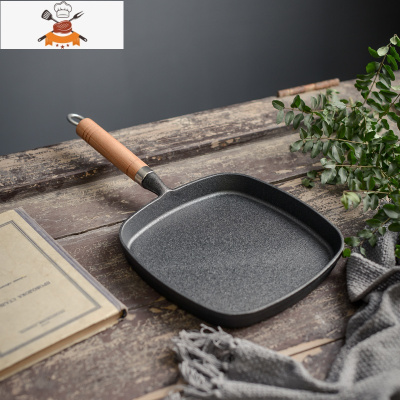 敬平木柄煎锅家用条纹牛排锅铸铁平底锅加厚纯生铁不粘锅