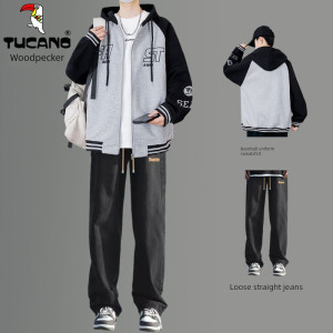 啄木鸟开襟羊毛衫春秋连帽运动衫男少年初中生新潮帅气西装