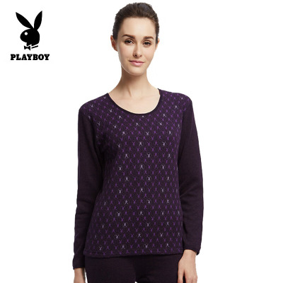 [断码清仓]花花公子女士保暖内衣女加绒加厚套装棉印花圆领