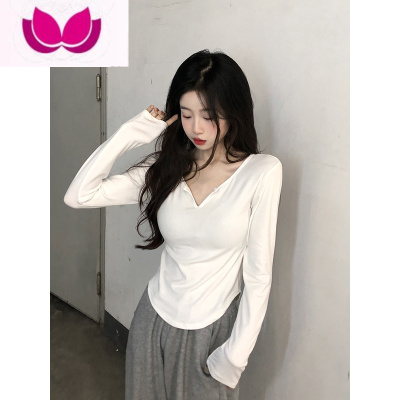 七斓纯欲风辣妹V领长袖T恤女装春季2023新款白色修身显瘦内搭打底上衣