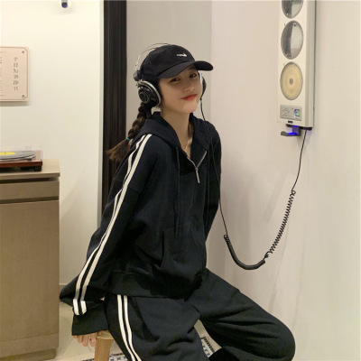 广赫休闲运动套装女宽松韩版学生两件套时尚百搭跑步服春秋季棉卫衣卫衣