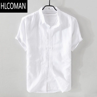 HLCOMAN日系薄款短袖亚麻衬衫男休闲宽松棉麻长袖衬衣外套上衣白色