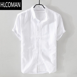 HLCOMAN日系薄款短袖亚麻衬衫男休闲宽松棉麻长袖衬衣外套上衣白色