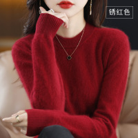 秋冬新款圆领宽松纯色貂绒衫套头打底羊毛针织衫短款毛衣