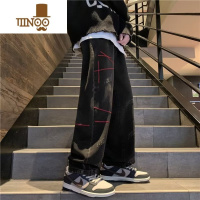 YANXU欧美刺绣牛仔裤男美式复古做旧宽松直筒长裤ins高街潮牌vibe裤子