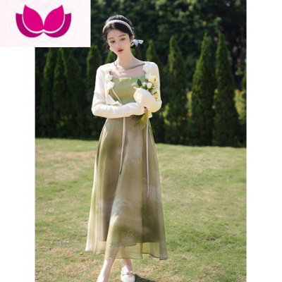 七斓国风女装2023套装女吊带裙高级感夏天法式初恋绿色水墨晕染连衣裙