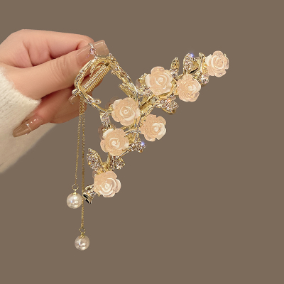 玫瑰花流苏抓夹女2024新款高级感古风发夹后脑勺鲨鱼夹子头饰发饰送女朋友老婆情人节七夕生日礼物