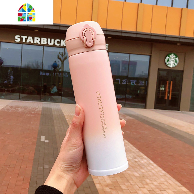 渐变保温杯便携文艺水杯可爱男女学生简约杯子创意个性潮流大容量 FENGHOU Enjoy弹盖/黑色350毫升