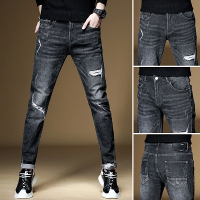 梵克公牛欧普奇秋季新款破洞牛仔裤男潮牌常规小脚脚边乞丐男士裤子潮黑色默认颜色28