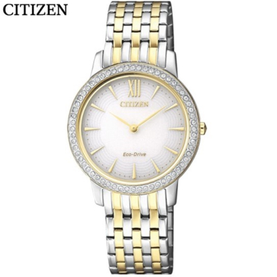 国行西铁城（CITIZEN）手表时尚潮流不锈钢间金色光动能女士腕表EX1484-81A