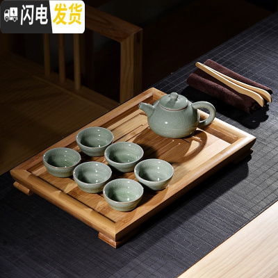 三维工匠紫砂陶瓷功夫茶具套装家用茶杯简约办公实木小茶盘单层式茶台整套 10件哥窑绿古壶小平板套装 10件