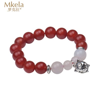  梦克拉 S925银红玛瑙白玛瑙银猪手串 发财猪 时尚潮流撞色手链