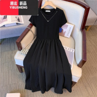 YIBUSHENG大码赫本风小黑裙女季设计感短袖连衣裙小个子收腰褶皱a字长裙
