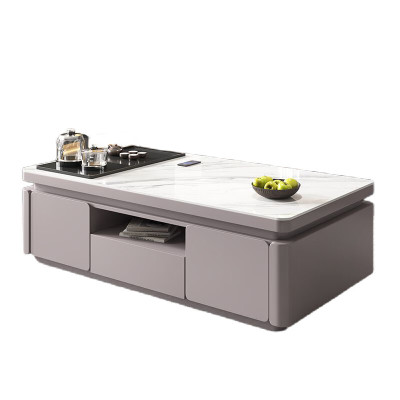 戴劲 岩板茶几客厅茶台烧水壶一体桌家用泡茶台办公室茶桌 1.3米浅灰(雪山白岩板)